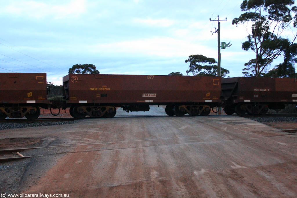 100822 6220
WOE type iron ore waggon WOE 33378 is one of a batch of one hundred and forty one built by United Goninan WA between November 2005 and April 2006 with serial number 950142-083 and fleet number 877 for Koolyanobbing iron ore operations, on empty train 1416 at Hampton, 22nd August 2010.
Keywords: WOE-type;WOE33378;United-Goninan-WA;950142-083;