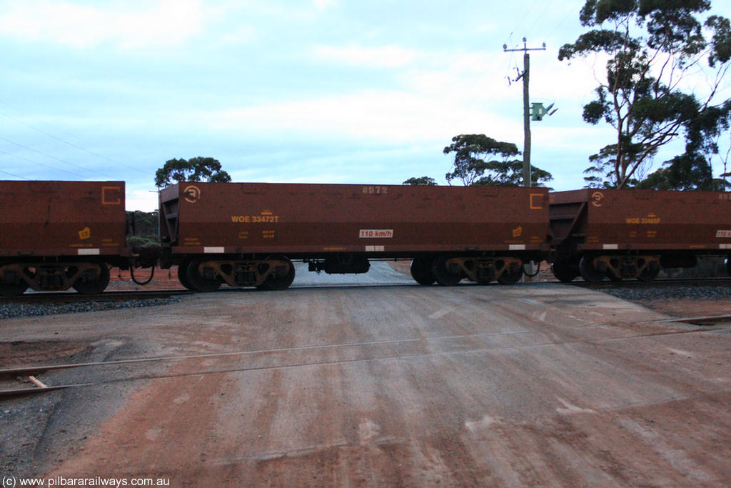 100822 6224
WOE type iron ore waggon WOE 33472 is one of a batch of one hundred and twenty eight built by United Group Rail WA between August 2008 and March 2009 with serial number 950211-014 and fleet number 8972 for Koolyanobbing iron ore operations, on empty train 1416 at Hampton, 22nd August 2010.
Keywords: WOE-type;WOE33472;United-Group-Rail-WA;950211-014;