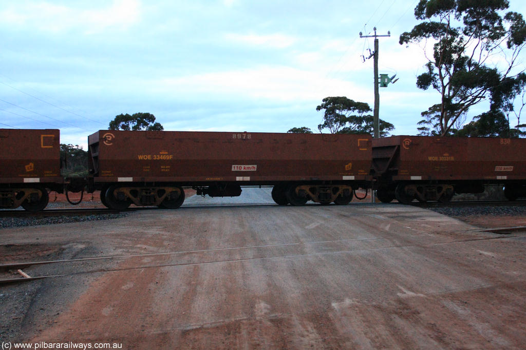 100822 6225
WOE type iron ore waggon WOE 33469 is one of a batch of one hundred and twenty eight built by United Group Rail WA between August 2008 and March 2009 with serial number 950211-011 and fleet number 8978 for Koolyanobbing iron ore operations, on empty train 1416 at Hampton, 22nd August 2010.
Keywords: WOE-type;WOE33469;United-Group-Rail-WA;950211-011;