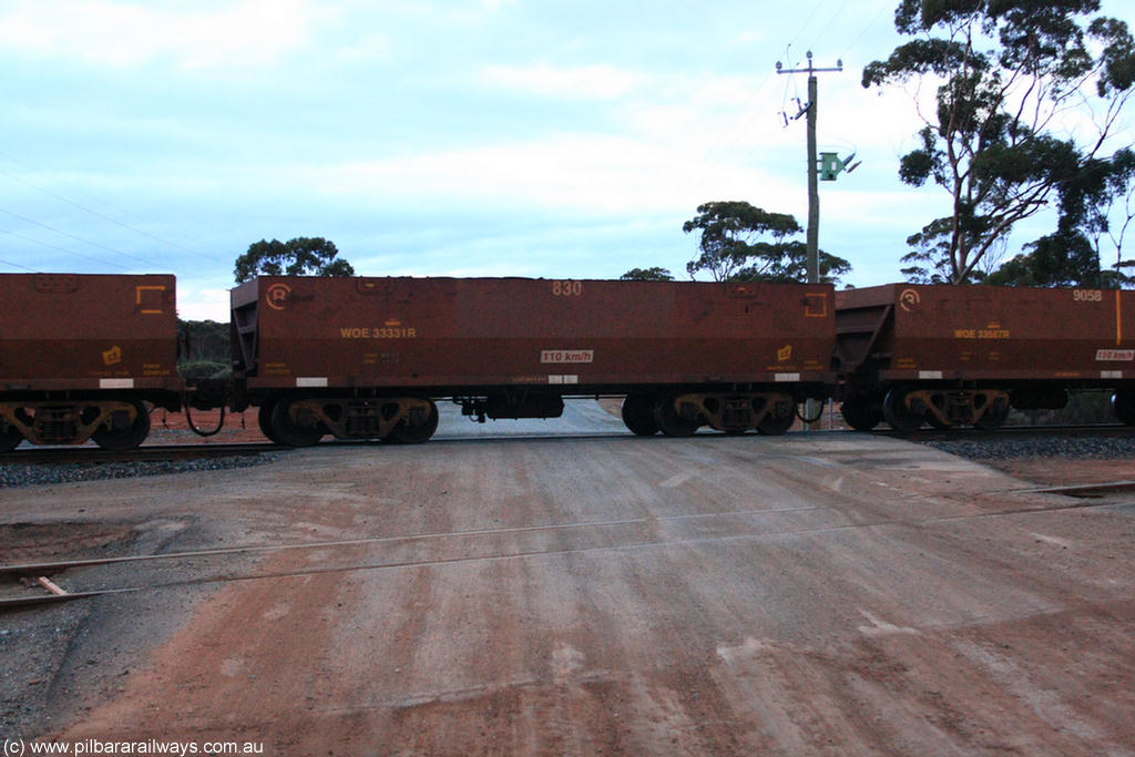 100822 6226
WOE type iron ore waggon WOE 33331 is one of a batch of one hundred and forty one built by United Goninan WA between November 2005 and April 2006 with serial number 950142-036 and fleet number 830 for Koolyanobbing iron ore operations, on empty train 1416 at Hampton, 22nd August 2010.
Keywords: WOE-type;WOE33331;United-Goninan-WA;950142-036;