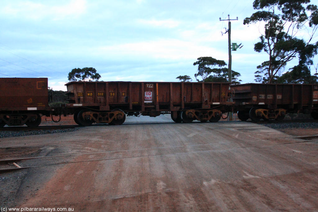 100822 6229
WO type iron ore waggon WO 31230 is one of a batch of sixty two built by Goninan WA between April and August 2000 with serial number 950086-004 and fleet number 122 for Koolyanobbing iron ore operations, and is a Goninan built replacement WO type waggon that replaces the original WAGR built WO type waggon with the newer style WOD type and has square features opposed to the curved ones as on the original WO class, on empty train 1416 at Hampton, 22nd August 2010.
Keywords: WO-type;WO31230;Goninan-WA;950086-004;