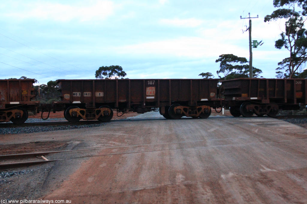 100822 6230
WO type iron ore waggon WO 31411 is one of a batch of eleven replacement waggons built by WAGR Midland Workshops between 1970 and 1971 with fleet number 187 for Koolyanobbing iron ore operations, with a 75 ton and 1018 ft³ capacity, on empty train 1416 at Hampton, 22nd August 2010. This unit was converted to WOC for coal in 1986 till 1994 when it was re-classed back to WO.
Keywords: WO-type;WO31411;WAGR-Midland-WS;