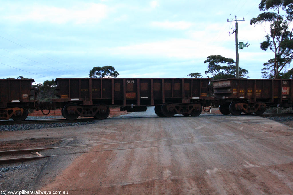 100822 6231
WOD type iron ore waggon WOD 31443 is one of a batch of sixty two built by Goninan WA between April and August 2000 with serial number 950086-016 and fleet number 506 for Koolyanobbing iron ore operations, build date 05/2000, with a 75 ton capacity, for Portman Mining to cart their Koolyanobbing iron ore to Esperance, now with PORTMAN painted out, on empty train 1416 at Hampton, 22nd August 2010.
Keywords: WOD-type;WOD31443;Goninan-WA;950086-016;
