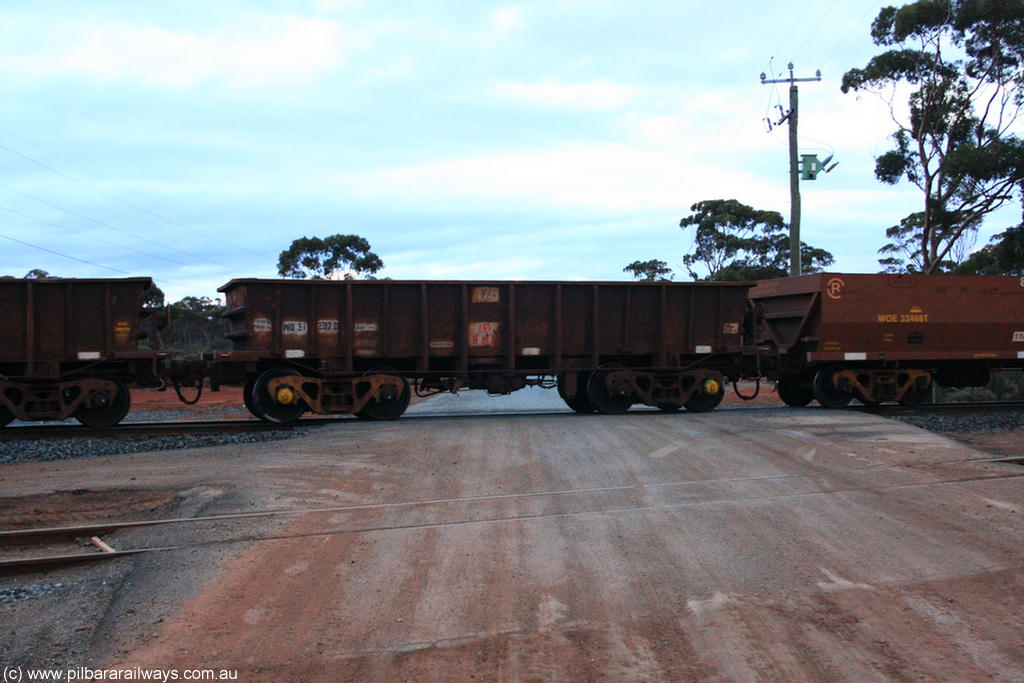 100822 6233
WO type iron ore waggon WO 31297 is one of a batch of fifteen built by WAGR Midland Workshops between July and October 1968 with fleet number 176 for Koolyanobbing iron ore operations, with a 75 ton and 1018 ft³ capacity, on empty train 1416 at Hampton, 22nd August 2010. This unit was converted to WOG for gypsum in late 1980s till 1994 when it was re-classed back to WO.
Keywords: WO-type;WO31297;WAGR-Midland-WS;