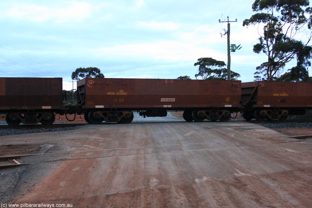 100822 6240
WOE type iron ore waggon WOE 33380 is one of a batch of one hundred and forty one built by United Group Rail WA between November 2005 and April 2006 with serial number 950142-085 and fleet number 879 for Koolyanobbing iron ore operations, with PORTMAN painted out and load revised down to 82.5 tonnes, on empty train 1416 at Hampton, 22nd August 2010.
Keywords: WOE-type;WOE33380;United-Group-Rail-WA;950142-085;