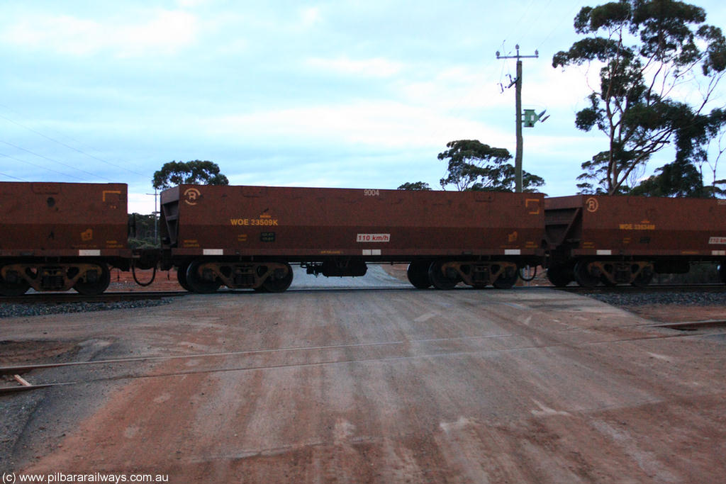 100822 6246
WOE type iron ore waggon WOE 33509 is one of a batch of one hundred and twenty eight built by United Group Rail WA between August 2008 and March 2009 with serial number 950211-049 and fleet number 9004 for Koolyanobbing iron ore operations, on empty train 1416 at Hampton, 22nd August 2010.
Keywords: WOE-type;WOE33509;United-Group-Rail-WA;950211-049;