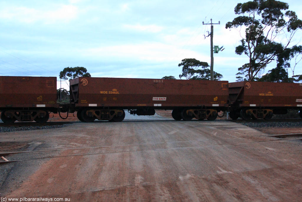 100822 6250
WOE type iron ore waggon WOE 33462 is one of a batch of one hundred and twenty eight built by United Group Rail WA between August 2008 and March 2009 with serial number 950211-004 and fleet number 8967 for Koolyanobbing iron ore operations, on empty train 1416 at Hampton, 22nd August 2010.
Keywords: WOE-type;WOE33462;United-Group-Rail-WA;950211-004;