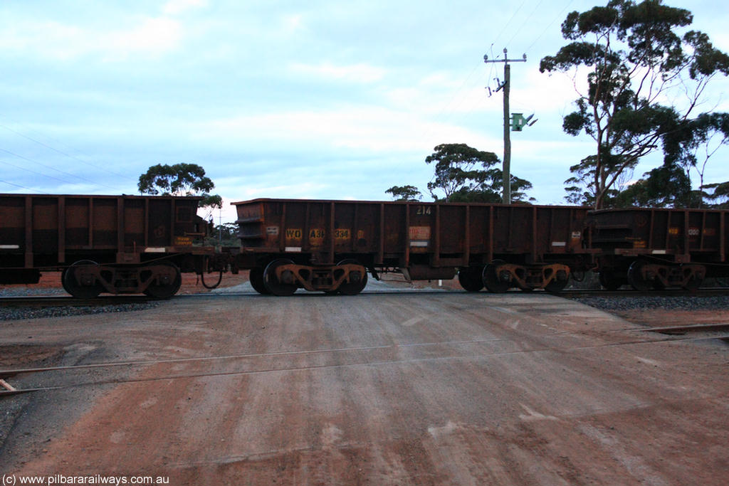 100822 6257
WOA type iron ore waggon WOA 31334 is one of a batch of thirty nine built by WAGR Midland Workshops between 1970 and 1971 with fleet number 214 for Koolyanobbing iron ore operations, with a 75 ton and 1018 ft³ capacity, on empty train 1416 at Hampton, 22nd August 2010.
Keywords: WOA-type;WOA31334;WAGR-Midland-WS;