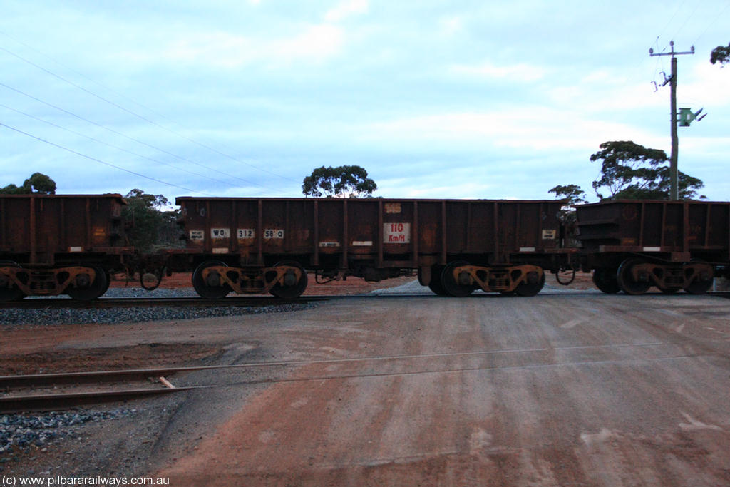 100822 6262
WO type iron ore waggon WO 31258 is one of a batch of eighty six built by WAGR Midland Workshops between 1967 and March 1968 with fleet number 145 for Koolyanobbing iron ore operations, with a 75 ton and 1018 ft³ capacity, on empty train 1416 at Hampton, 22nd August 2010. This unit was converted to WOS superphosphate in the late 1980s till 1994 when it was re-classed back to WO.
Keywords: WO-type;WO31258;WAGR-Midland-WS;WOS-type