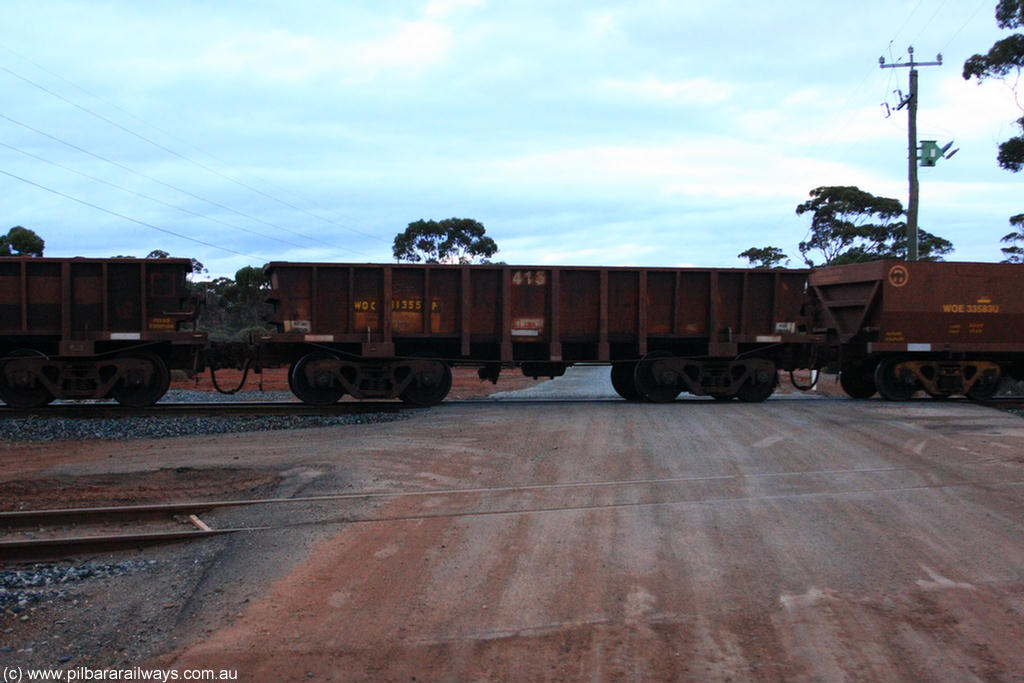 100822 6265
WOC type iron ore waggon WOC 31355 is one of a batch of thirty built by Goninan WA between October 1997 to January 1998 with fleet number 415 for Koolyanobbing iron ore operations with a 75 ton capacity, on empty train 1416 at Hampton, 22nd August 2010.
Keywords: WOC-type;WOC31355;Goninan-WA;