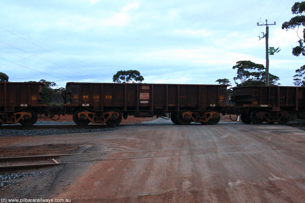 100822 6272
WO type iron ore waggon WO 31281 is one of a batch of eighty six built by WAGR Midland Workshops between 1967 and March 1968 with fleet number 161 for Koolyanobbing iron ore operations, with a 75 ton and 1018 ft³ capacity, on empty train 1416 at Hampton, 22nd August 2010. This unit was converted to WOC for coal in 1986 till 1994 when it was re-classed back to WO.
Keywords: WO-type;WO31281;WAGR-Midland-WS;