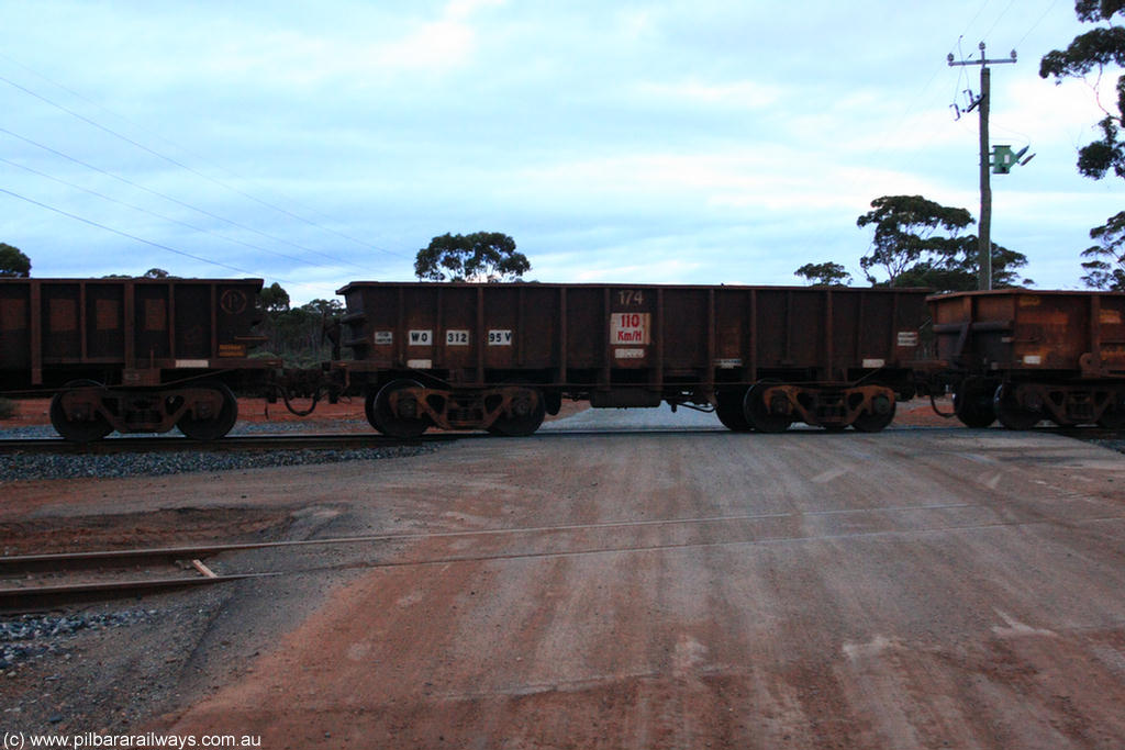 100822 6274
WO type iron ore waggon WO 31295 is one of a batch of fifteen built by WAGR Midland Workshops between July and October 1968 with fleet number 174 for Koolyanobbing iron ore operations, with a 75 ton and 1018 ft³ capacity, on empty train 1416 at Hampton, 22nd August 2010. This unit was converted to WOC for coal in 1986 till 1994 when it was re-classed back to WO.
Keywords: WO-type;WO31295;WAGR-Midland-WS;