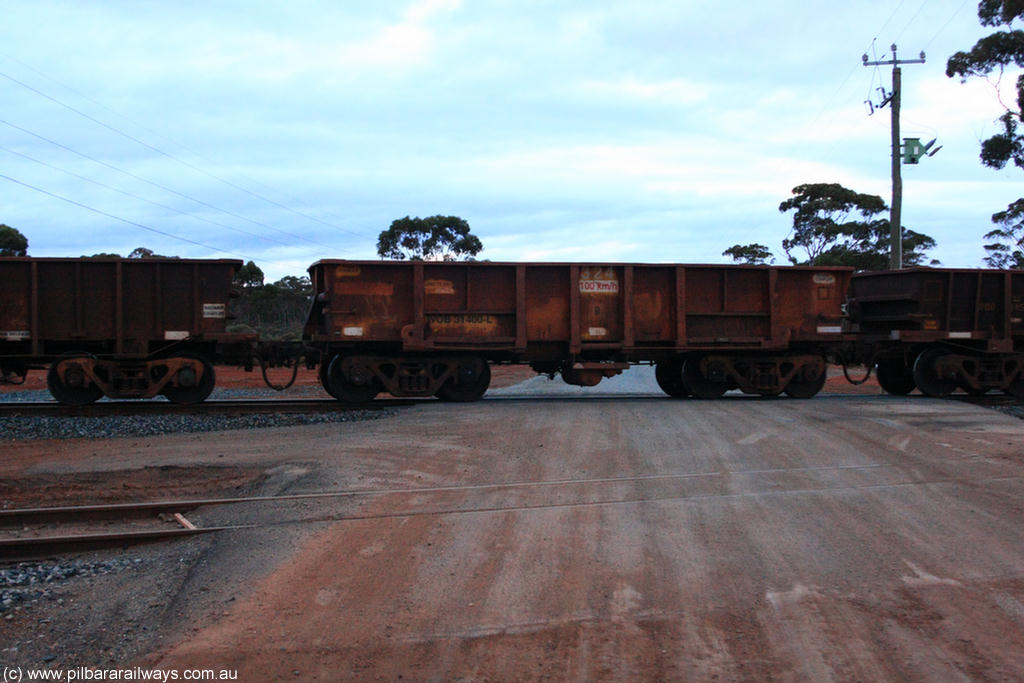 100822 6275
WOB type iron ore waggon WOB 31400 is one of a batch of twenty five built by Comeng WA between 1974 and 1975 and converted from Mt Newman high sided waggons by WAGR Midland Workshops with a capacity of 67 tons with fleet number 324 for Koolyanobbing iron ore operations. This waggon was also converted to a WSM type ballast hopper by re-fitting the cut down top section and having bottom discharge doors fitted, converted back to WOB in 1998, on empty train 1416 at Hampton, 22nd August 2010.
Keywords: WOB-type;WOB31400;Comeng-WA;WSM-type;Mt-Newman-Mining;