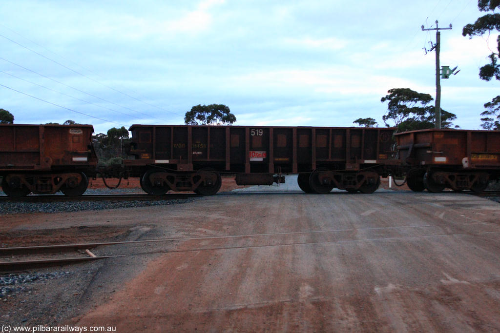 100822 6276
WOD type iron ore waggon WOD 31456 is one of a batch of sixty two built by Goninan WA between April and August 2000 with serial number 950086-028 and fleet number 519 for Koolyanobbing iron ore operations with a 75 ton capacity for Portman Mining to cart their Koolyanobbing iron ore to Esperance, now with PORTMAN painted out, on empty train 1416 at Hampton, 22nd August 2010.
Keywords: WOD-type;WOD31456;Goninan-WA;950086-028;