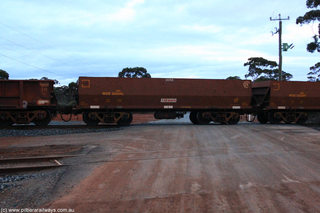 100822 6278
WOE type iron ore waggon WOE 33504 is one of a batch of one hundred and twenty eight built by United Group Rail WA between August 2008 and March 2009 with serial number 950211-044 and fleet number 9068 for Koolyanobbing iron ore operations, on empty train 1416 at Hampton, 22nd August 2010.
Keywords: WOE-type;WOE33504;United-Group-Rail-WA;950211-044;