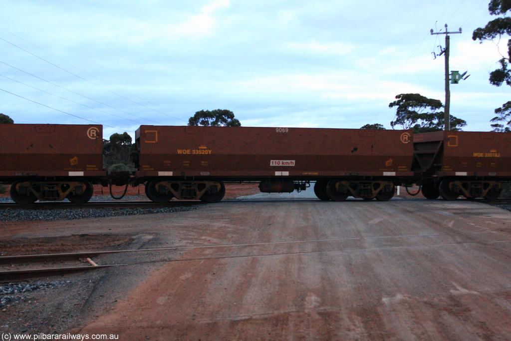 100822 6279
WOE type iron ore waggon WOE 33520 is one of a batch of one hundred and twenty eight built by United Group Rail WA between August 2008 and March 2009 with serial number 950211-060 and fleet number 9069 for Koolyanobbing iron ore operations, on empty train 1416 at Hampton, 22nd August 2010.
Keywords: WOE-type;WOE33520;United-Group-Rail-WA;950211-060;