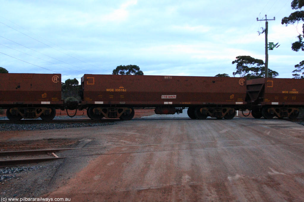 100822 6280
WOE type iron ore waggon WOE 33518 is one of a batch of one hundred and twenty eight built by United Group Rail WA between August 2008 and March 2009 with serial number 950211-058 and fleet number 9070 for Koolyanobbing iron ore operations, on empty train 1416 at Hampton, 22nd August 2010.
Keywords: WOE-type;WOE33518;United-Group-Rail-WA;950211-058;