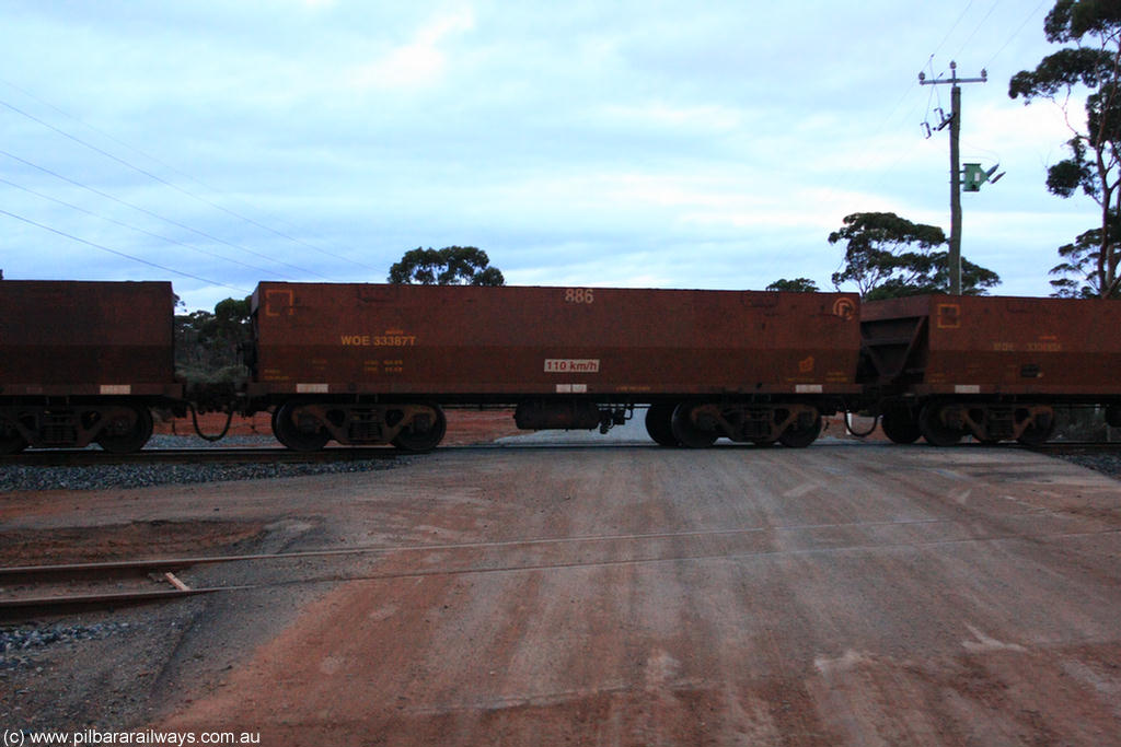 100822 6290
WOE type iron ore waggon WOE 33387 is one of a batch of one hundred and forty one built by United Group Rail WA between November 2005 and April 2006 with serial number 950142-092 and fleet number 886 for Koolyanobbing iron ore operations, on empty train 1416 at Hampton, 22nd August 2010.
Keywords: WOE-type;WOE33387;United-Group-Rail-WA;950142-092;