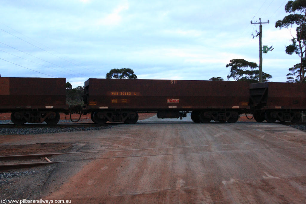 100822 6293
WOE type iron ore waggon WOE 30263 is one of a batch of one hundred and thirty built by Goninan WA between March and August 2001 with serial number 950092-013 and fleet number 611 for Koolyanobbing iron ore operations of 83 tonne load capacity, on empty train 1416 at Hampton, 22nd August 2010.
Keywords: WOE-type;WOE30263;Goninan-WA;950092-013;