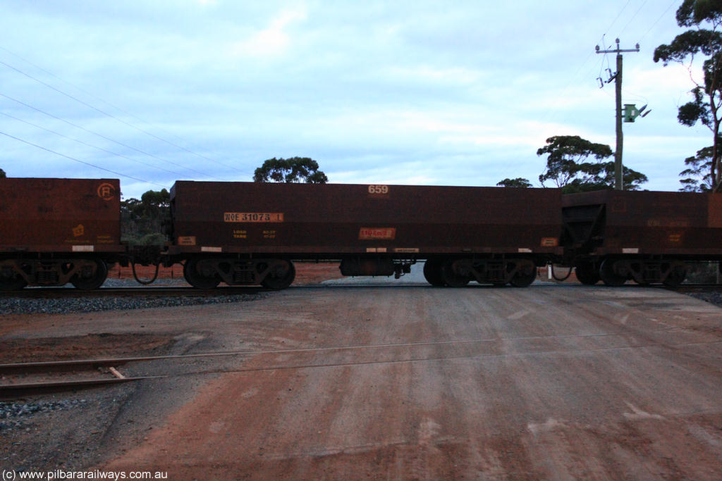 100822 6296
WOE type iron ore waggon WOE 31073 is one of a batch of one hundred and thirty built by Goninan WA between March and August 2001 with serial number 950092-063 and fleet number 659 for Koolyanobbing iron ore operations, on empty train 1416 at Hampton, 22nd August 2010.
Keywords: WOE-type;WOE31073;Goninan-WA;950092-063;