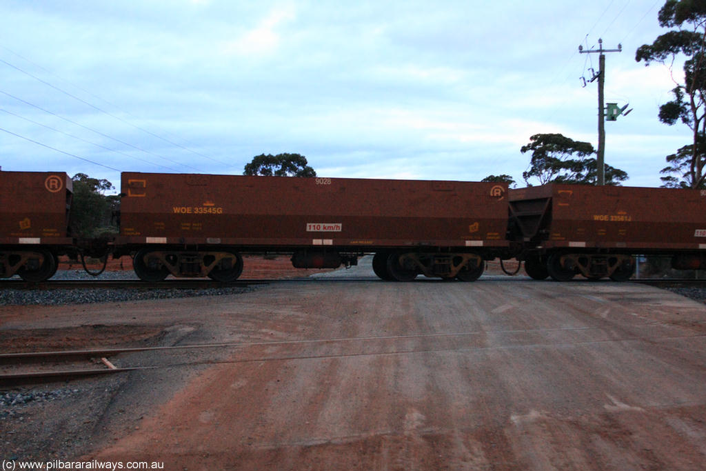 100822 6299
WOE type iron ore waggon WOE 33545 is one of a batch of one hundred and twenty eight built by United Group Rail WA between August 2008 and March 2009 with serial number 950211-085 and fleet number 9028 for Koolyanobbing iron ore operations, on empty train 1416 at Hampton, 22nd August 2010.
Keywords: WOE-type;WOE33545;United-Group-Rail-WA;950211-085;