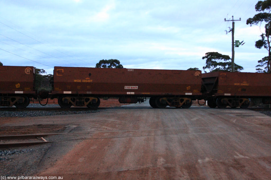 100822 6302
WOE type iron ore waggon WOE 33549 is one of a batch of one hundred and twenty eight built by United Group Rail WA between August 2008 and March 2009 with serial number 950211-089 and fleet number 9041 for Koolyanobbing iron ore operations, on empty train 1416 at Hampton, 22nd August 2010.
Keywords: WOE-type;WOE33549;United-Group-Rail-WA;950211-089;
