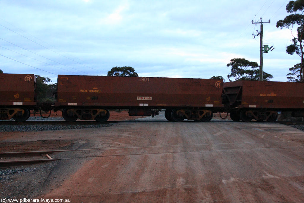 100822 6303
WOE type iron ore waggon WOE 33402 is one of a batch of one hundred and forty one built by United Group Rail WA between November 2005 and April 2006 with serial number 950142-107 and fleet number 8901 for Koolyanobbing iron ore operations, on empty train 1416 at Hampton, 22nd August 2010.
Keywords: WOE-type;WOE33402;United-Group-Rail-WA;950142-107;