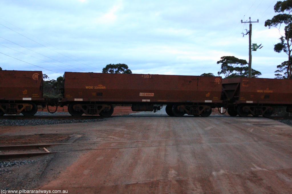 100822 6304
WOE type iron ore waggon WOE 33408 is one of a batch of one hundred and forty one built by United Group Rail WA between November 2005 and April 2006 with serial number 950142-113 and fleet number 8907 for Koolyanobbing iron ore operations, on empty train 1416 at Hampton, 22nd August 2010.
Keywords: WOE-type;WOE33408;United-Group-Rail-WA;950142-113;