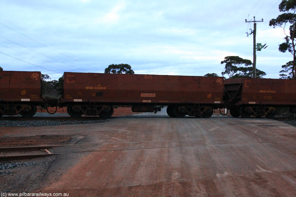 100822 6305
WOE type iron ore waggon WOE 33326 is one of a batch of one hundred and forty one built by United Goninan WA between November 2005 and April 2006 with serial number 950142-031 and fleet number 825 for Koolyanobbing iron ore operations, on empty train 1416 at Hampton, 22nd August 2010.
Keywords: WOE-type;WOE33326;United-Goninan-WA;950142-031;