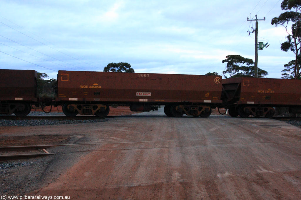 100822 6311
WOE type iron ore waggon WOE 33505 is one of a batch of one hundred and twenty eight built by United Group Rail WA between August 2008 and March 2009 with serial number 950211-045 and fleet number 9007 for Koolyanobbing iron ore operations, on empty train 1416 at Hampton, 22nd August 2010.
Keywords: WOE-type;WOE33505;United-Group-Rail-WA;950211-045;