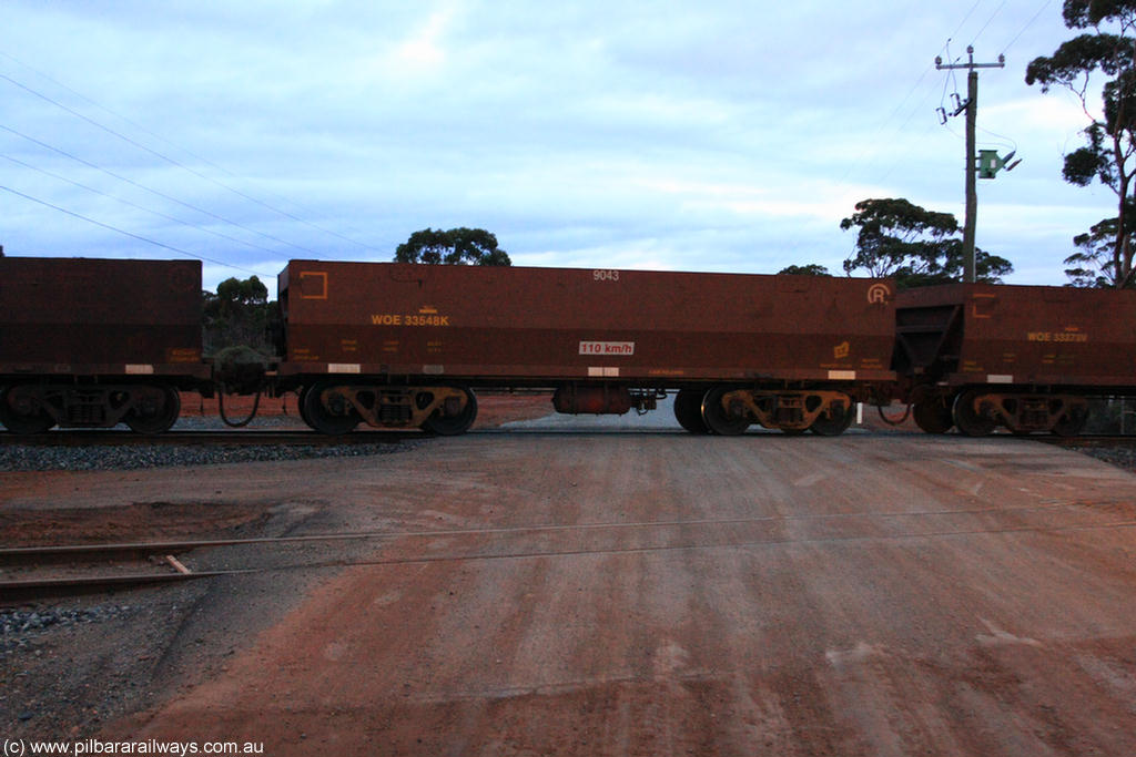 100822 6324
WOE type iron ore waggon WOE 33548 is one of a batch of one hundred and twenty eight built by United Group Rail WA between August 2008 and March 2009 with serial number 950211-088 and fleet number 9043 for Koolyanobbing iron ore operations, on empty train 1416 at Hampton, 22nd August 2010.
Keywords: WOE-type;WOE33548;United-Group-Rail-WA;950211-088;