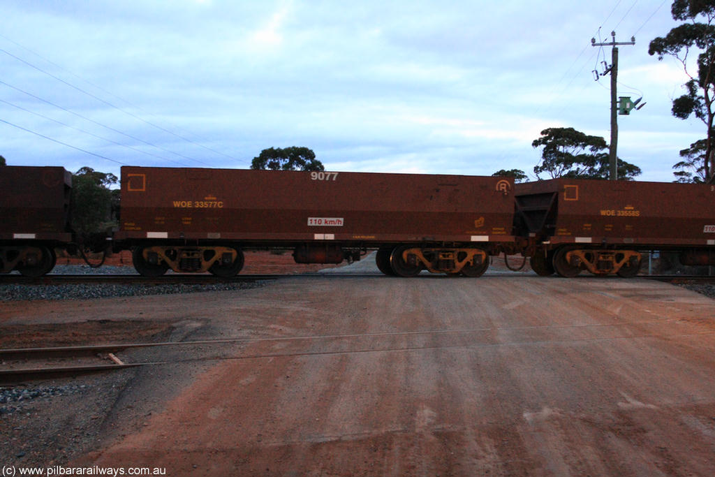 100822 6327
WOE type iron ore waggon WOE 33577 is one of a batch of one hundred and twenty eight built by United Group Rail WA between August 2008 and March 2009 with serial number 950211-117 and fleet number 9077 for Koolyanobbing iron ore operations, on empty train 1416 at Hampton, 22nd August 2010.
Keywords: WOE-type;WOE33577;United-Group-Rail-WA;950211-117;