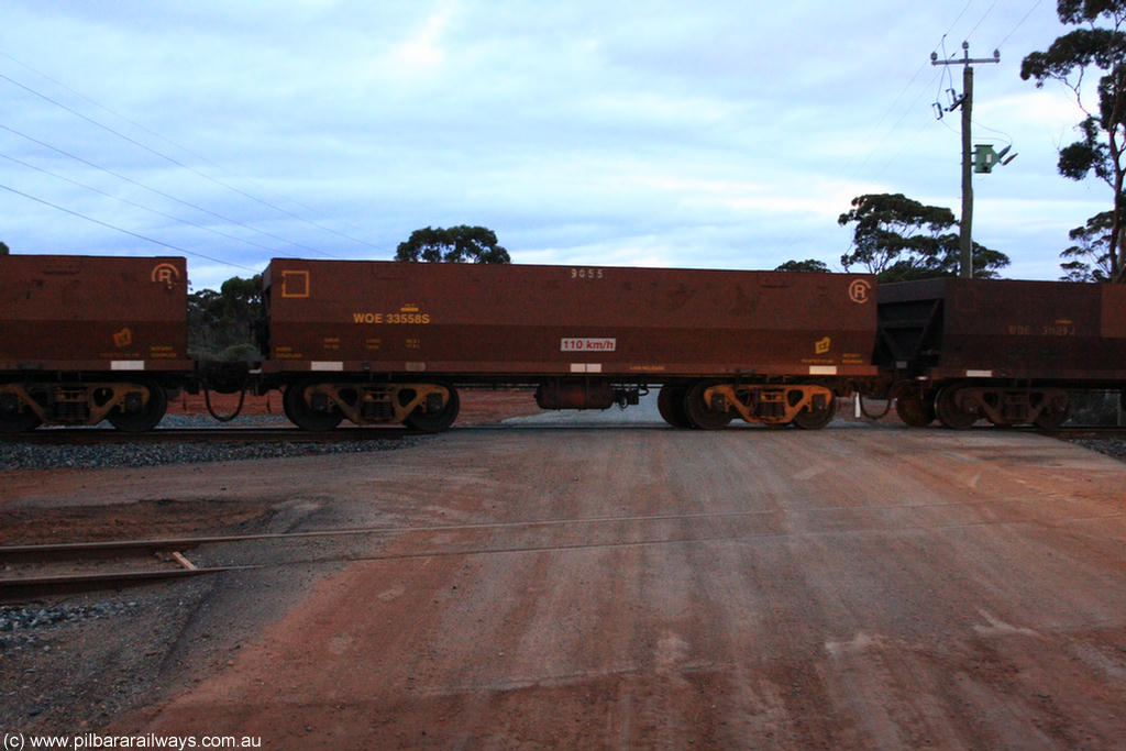 100822 6328
WOE type iron ore waggon WOE 33558 is one of a batch of one hundred and twenty eight built by United Group Rail WA between August 2008 and March 2009 with serial number 950211-098 and fleet number 9055 for Koolyanobbing iron ore operations, on empty train 1416 at Hampton, 22nd August 2010.
Keywords: WOE-type;WOE33558;United-Group-Rail-WA;950211-098;