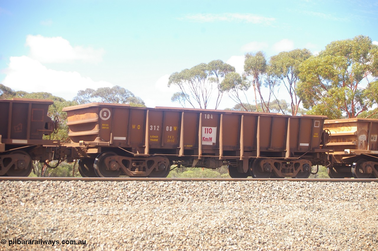 PD 12608
Binduli, WO type iron ore waggon WO 31208 is one of a batch of eighty six built by WAGR Midland Workshops between 1967 and March 1968 with fleet number 104 for Koolyanobbing iron ore operations, with a 75 ton and 1018 ft³ capacity, this unit was converted to WOC for coal in 1986 till 1994 when it was re-classed back to WO. Seen here re-sheeted and painted with the body top lip also fitted.
Keywords: Peter-D-Image;WO-type;WO31208;WAGR-Midland-WS;