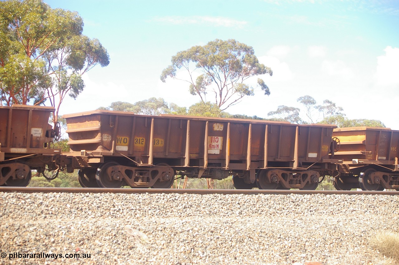 PD 12610
WO type iron ore waggon WO 31213 is one of a batch of eighty six built by WAGR Midland Workshops between 1967 and March 1968 with fleet number 109 for Koolyanobbing iron ore operations, with a 75 ton and 1018 ft³ capacity. This unit was converted to WOG for gypsum in late 1980s till 1990 then reclassed to WOS for superphosphate before being re-classed back to WO in 1994. This unit was converted to WOG for gypsum in late 1980s till 1990 then reclassed to WOS for superphosphate before being re-classed back to WO in 1994. Seen here with the body top lip also fitted.
Keywords: Peter-D-Image;WO-type;WO31213;WAGR-Midland-WS;