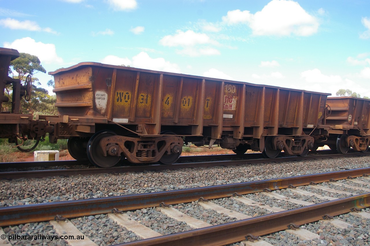 PD 12613
Binduli, WO type iron ore waggon WO 31401 is leader of a batch of eleven replacement waggons built by WAGR Midland Workshops between 1970 and 1971 with fleet number 180 for Koolyanobbing iron ore operations, with a 75 ton and 1018 ft³ capacity. This unit was converted to WOC for coal in 1986 till 1994 when it was re-classed back to WO. Seen here with the body top lip also fitted.
Keywords: Peter-D-Image;WO-type;WO31401;WAGR-Midland-WS;