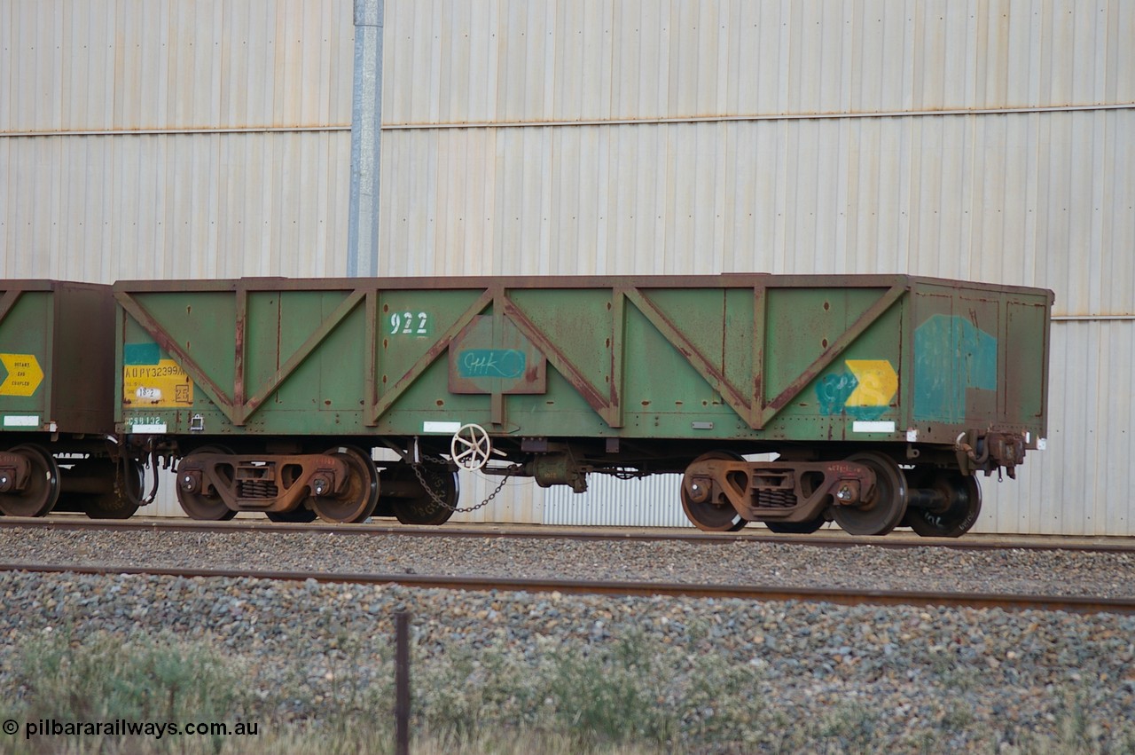 PD 12841
West Kalgoorlie, AOPY 32399 with fleet number 922, one of seventy ex ANR coal waggons rebuilt from AOKF type by Bluebird Engineering SA in service with ARG on Koolyanobbing iron ore trains. They used to be three metres longer and originally built by Metropolitan Cammell Britain as GB type in 1952-55, seen here in a rake with sister waggons.
Keywords: Peter-D-Image;AOPY-type;AOPY32399;Bluebird-Engineering-SA;Metropolitan-Cammell-Britain;GB-type;