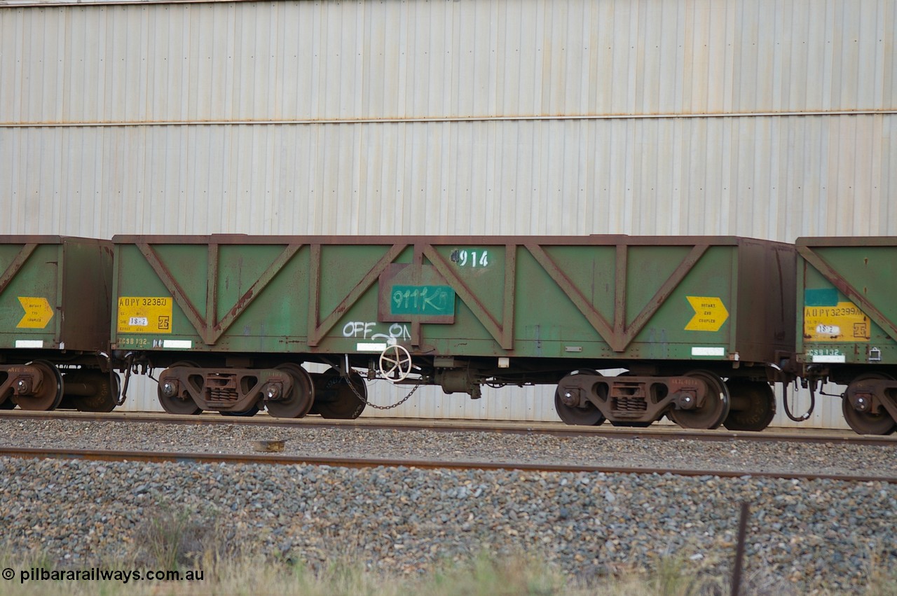 PD 12842
West Kalgoorlie, AOPY 32387 with fleet number 914, one of seventy ex ANR coal waggons rebuilt from AOKF type by Bluebird Engineering SA in service with ARG on Koolyanobbing iron ore trains. They used to be three metres longer and originally built by Metropolitan Cammell Britain as GB type in 1952-55, seen here in a rake with sister waggons.
Keywords: Peter-D-Image;AOPY-type;AOPY32387;Bluebird-Engineering-SA;Metropolitan-Cammell-Britain;GB-type;