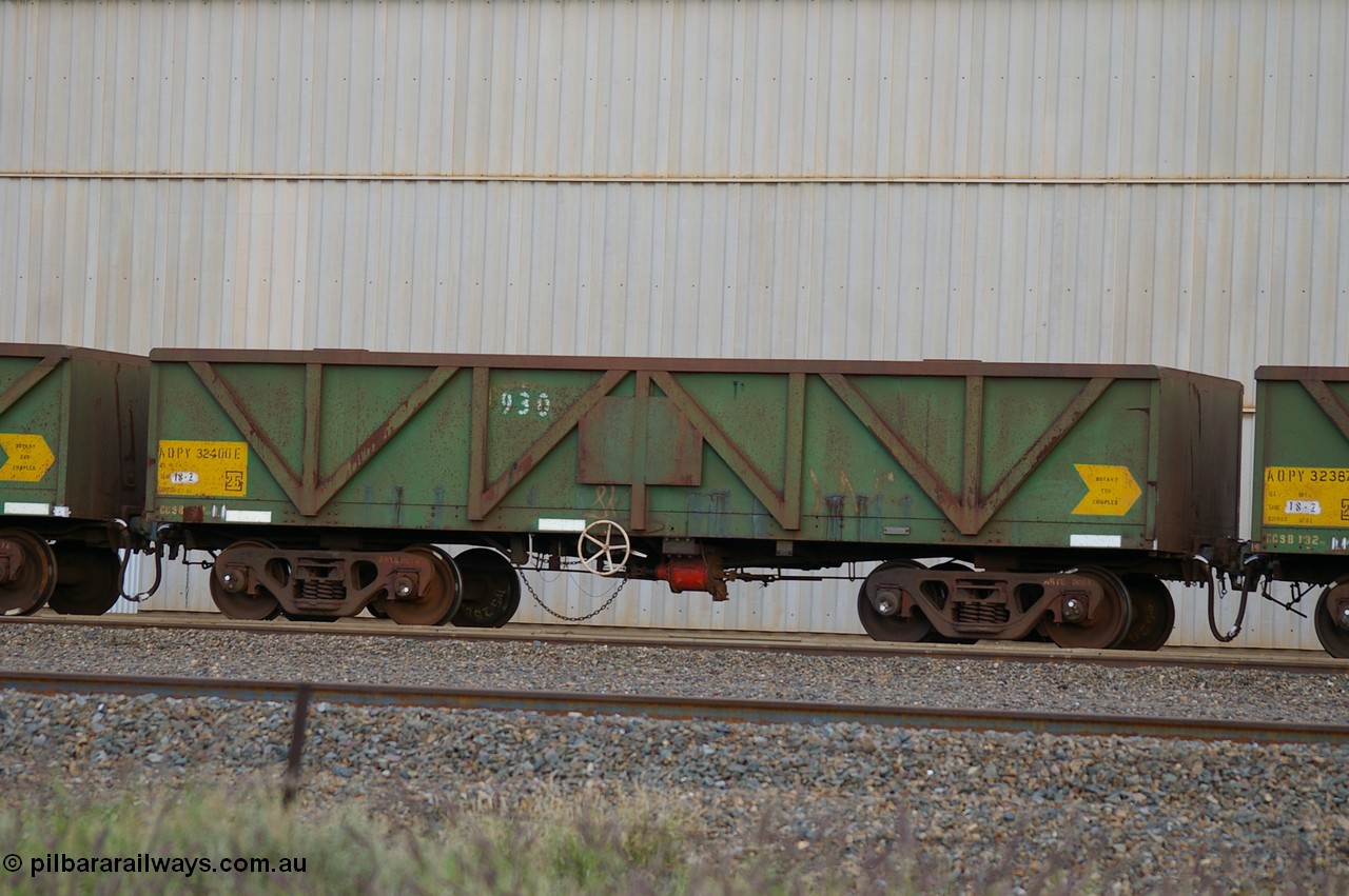 PD 12843
West Kalgoorlie, AOPY 32400 with fleet number 930, one of seventy ex ANR coal waggons rebuilt from AOKF type by Bluebird Engineering SA in service with ARG on Koolyanobbing iron ore trains. They used to be three metres longer and originally built by Metropolitan Cammell Britain as GB type in 1952-55, seen here in a rake with sister waggons.
Keywords: Peter-D-Image;AOPY-type;AOPY32400;Bluebird-Engineering-SA;Metropolitan-Cammell-Britain;GB-type;