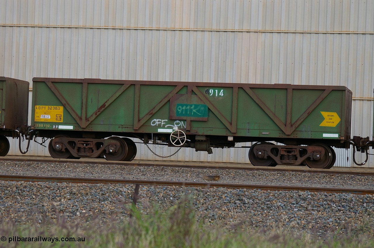 PD 12844
West Kalgoorlie, AOPY 32387 with fleet number 914, one of seventy ex ANR coal waggons rebuilt from AOKF type by Bluebird Engineering SA in service with ARG on Koolyanobbing iron ore trains. They used to be three metres longer and originally built by Metropolitan Cammell Britain as GB type in 1952-55, seen here in a rake with sister waggons.
Keywords: Peter-D-Image;AOPY-type;AOPY32387;Bluebird-Engineering-SA;Metropolitan-Cammell-Britain;GB-type;