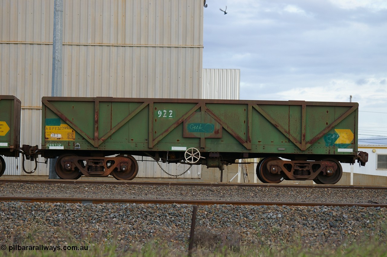 PD 12845
West Kalgoorlie, AOPY 32399 with fleet number 922, one of seventy ex ANR coal waggons rebuilt from AOKF type by Bluebird Engineering SA in service with ARG on Koolyanobbing iron ore trains. They used to be three metres longer and originally built by Metropolitan Cammell Britain as GB type in 1952-55, seen here in a rake with sister waggons.
Keywords: Peter-D-Image;AOPY-type;AOPY32399;Bluebird-Engineering-SA;Metropolitan-Cammell-Britain;GB-type;