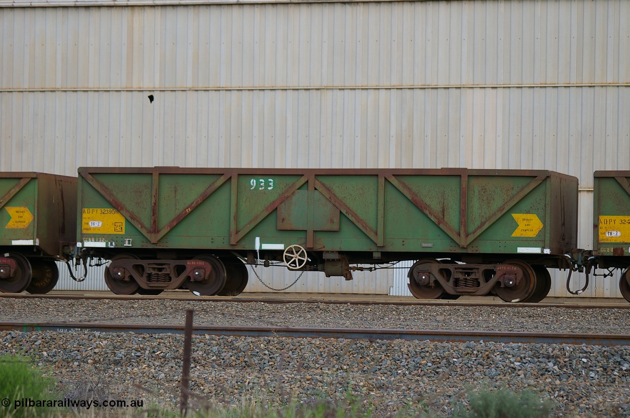 PD 12846
West Kalgoorlie, AOPY 32395 with fleet number 933, one of seventy ex ANR coal waggons rebuilt from AOKF type by Bluebird Engineering SA in service with ARG on Koolyanobbing iron ore trains. They used to be three metres longer and originally built by Metropolitan Cammell Britain as GB type in 1952-55, seen here in a rake with sister waggons.
Keywords: Peter-D-Image;AOPY-type;AOPY32395;Bluebird-Engineering-SA;Metropolitan-Cammell-Britain;GB-type;