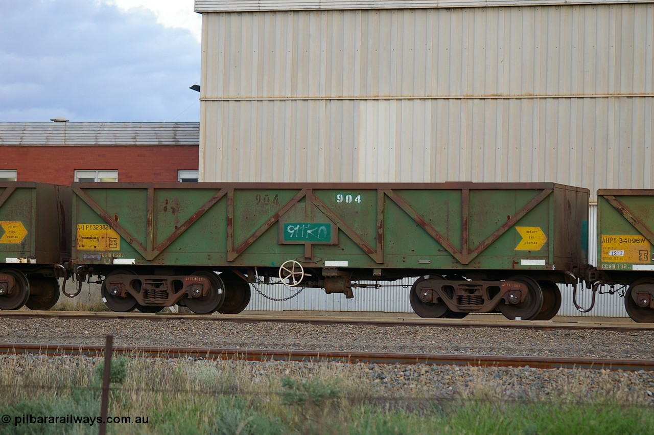 PD 12848
West Kalgoorlie, AOPY 32382 with black and white fleet number of 904, one of seventy ex ANR coal waggons rebuilt from AOKF type by Bluebird Engineering SA in service with ARG on Koolyanobbing iron ore trains. They used to be three metres longer and originally built by Metropolitan Cammell Britain as GB type in 1952-55.
Keywords: Peter-D-Image;AOPY-type;AOPY32382;Bluebird-Engineering-SA;Metropolitan-Cammell-Britain;GB-type;