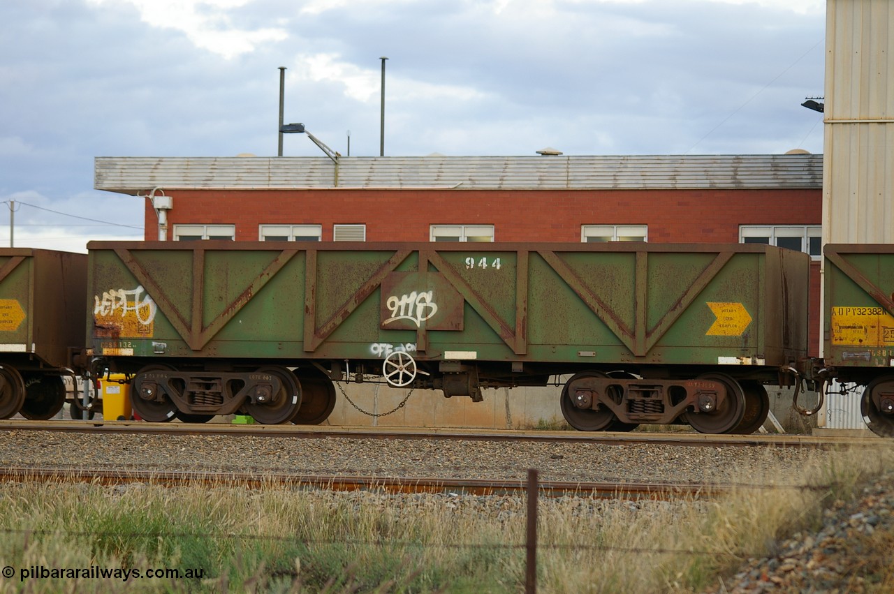 PD 12849
West Kalgoorlie, AOPY 34077 with fleet number 944, one of seventy ex ANR coal waggons rebuilt from AOKF type by Bluebird Engineering SA in service with ARG on Koolyanobbing iron ore trains. They used to be three metres longer and originally built by Metropolitan Cammell Britain as GB type in 1952-55.
Keywords: Peter-D-Image;AOPY-type;AOPY34077;Bluebird-Engineering-SA;Metropolitan-Cammell-Britain;GB-type;