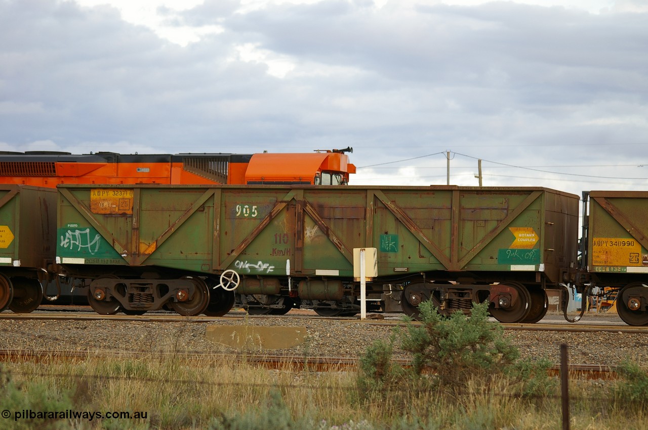 PD 12851
West Kalgoorlie, AOPY 32371 with fleet number 905 and of the drop floor type, type leader of seventy ex ANR coal waggons rebuilt from AOKF type by Bluebird Engineering SA in service with ARG on Koolyanobbing iron ore trains. They used to be three metres longer and originally built by Metropolitan Cammell Britain as GB type in 1952-55, seen here in a rake with sister waggons.
Keywords: Peter-D-Image;AOPY-type;AOPY32371;Bluebird-Engineering-SA;Metropolitan-Cammell-Britain;GB-type;