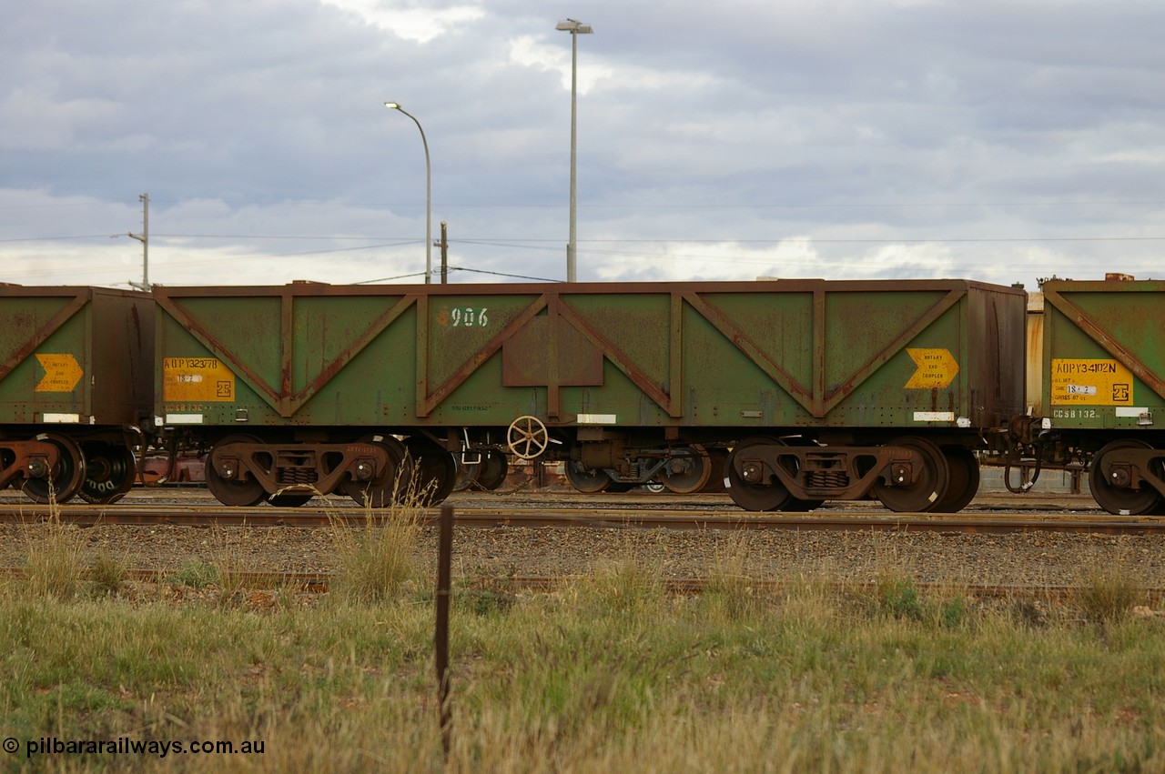 PD 12854
West Kalgoorlie, AOPY 32377 with fleet number 906, was renumbered to 4906 but the 4 has been removed, one of seventy ex ANR coal waggons rebuilt from AOKF type by Bluebird Engineering SA in service with ARG on Koolyanobbing iron ore trains. They used to be three metres longer and originally built by Metropolitan Cammell Britain as GB type in 1952-55.
Keywords: Peter-D-Image;AOPY-type;AOPY32377;Bluebird-Engineering-SA;Metropolitan-Cammell-Britain;GB-type;