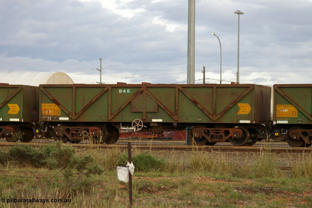 PD 12855
West Kalgoorlie, AOPY 34078 with fleet number 946, one of seventy ex ANR coal waggons rebuilt from AOKF type by Bluebird Engineering SA in service with ARG on Koolyanobbing iron ore trains. They used to be three metres longer and originally built by Metropolitan Cammell Britain as GB type in 1952-55.
Keywords: Peter-D-Image;AOPY-type;AOPY34078;Bluebird-Engineering-SA;Metropolitan-Cammell-Britain;GB-type;