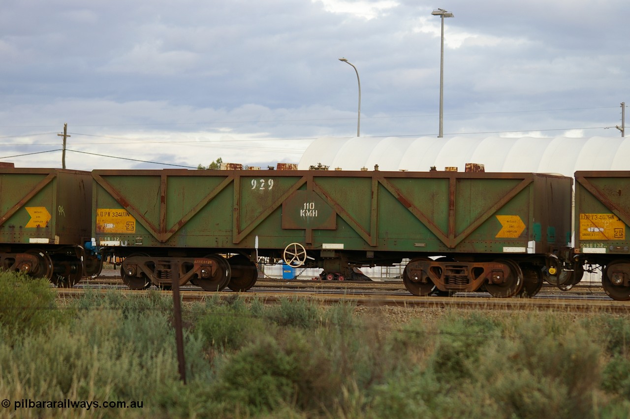 PD 12858
West Kalgoorlie, AOPY 32401 with fleet number 929, one of seventy ex ANR coal waggons rebuilt from AOKF type by Bluebird Engineering SA in service with ARG on Koolyanobbing iron ore trains. They used to be three metres longer and originally built by Metropolitan Cammell Britain as GB type in 1952-55.
Keywords: Peter-D-Image;AOPY-type;AOPY32401;Bluebird-Engineering-SA;Metropolitan-Cammell-Britain;GB-type;