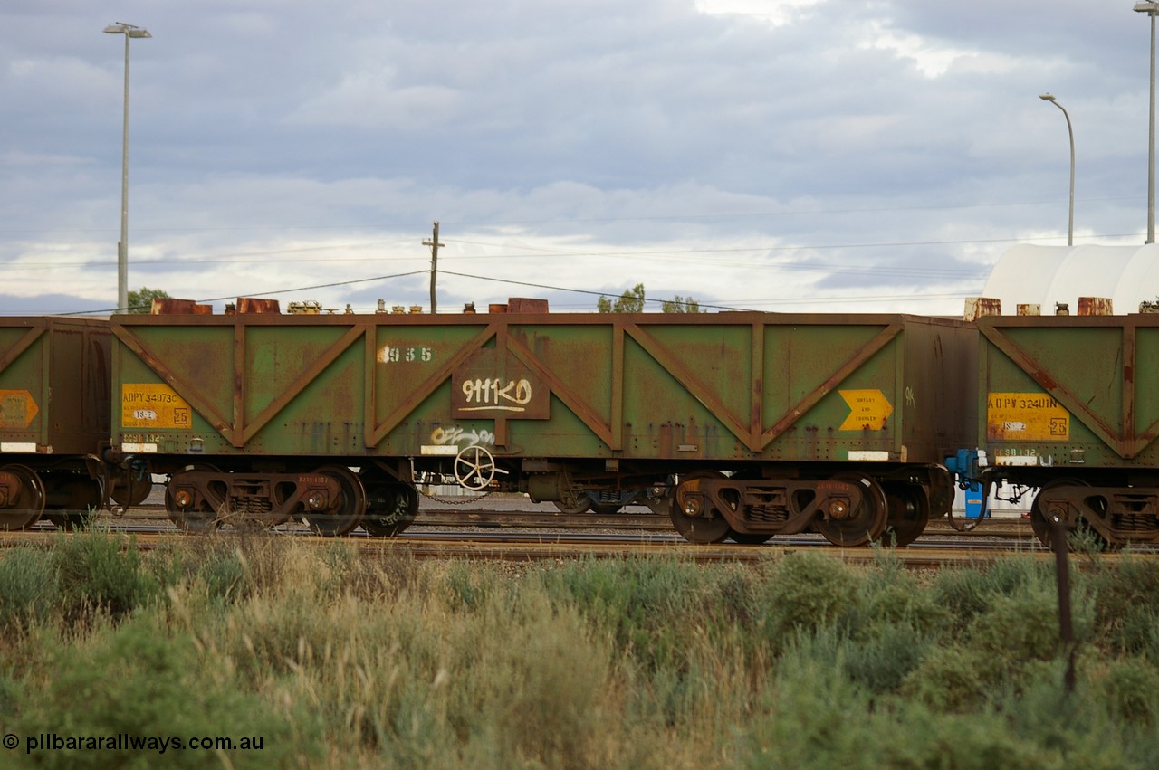 PD 12859
West Kalgoorlie, AOPY 34073 with fleet number 935, one of seventy ex ANR coal waggons rebuilt from AOKF type by Bluebird Engineering SA in service with ARG on Koolyanobbing iron ore trains. They used to be three metres longer and originally built by Metropolitan Cammell Britain as GB type in 1952-55.
Keywords: Peter-D-Image;AOPY-type;AOPY34073;Bluebird-Engineering-SA;Metropolitan-Cammell-Britain;GB-type;