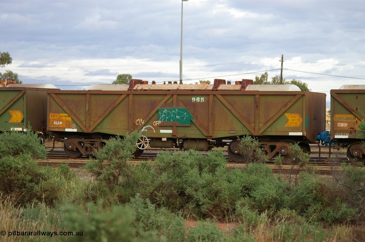 PD 12861
West Kalgoorlie, AOPY 34098 with fleet number 965 and of the drop floor type, one of seventy ex ANR coal waggons rebuilt from AOKF type by Bluebird Engineering SA in service with ARG on Koolyanobbing iron ore trains. They used to be three metres longer and originally built by Metropolitan Cammell Britain as GB type in 1952-55, seen here in a rake with sister waggons.
Keywords: Peter-D-Image;AOPY-type;AOPY34098;Bluebird-Engineering-SA;Metropolitan-Cammell-Britain;GB-type;